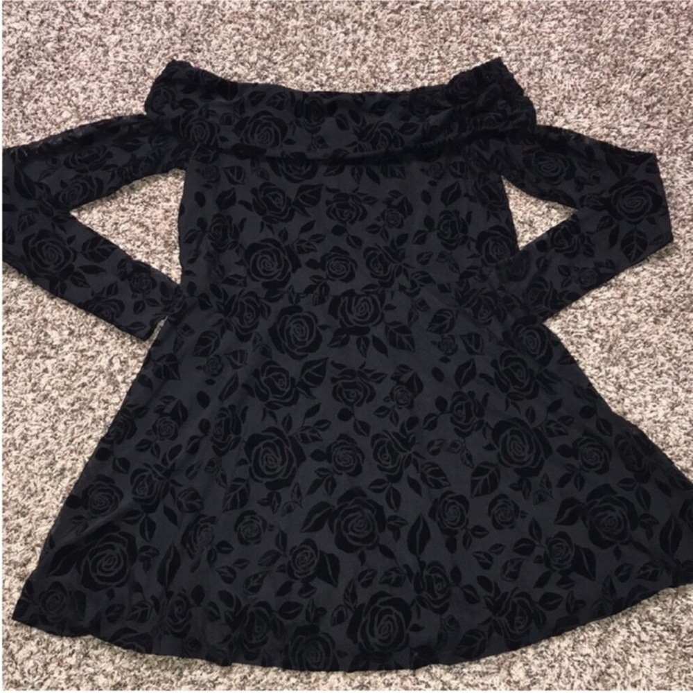 Wild Fable Black Flocked Off-Shoulder Fit and Flare Long Sheer Sleeve Mini Dress - Picture 4 of 10